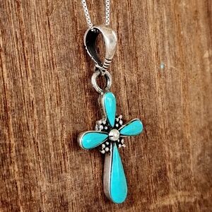 Vintage Sterling Silver Turquoise Cross Necklace